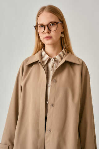 Short Trench Coat with Dropped Shoulders Beige - 6
