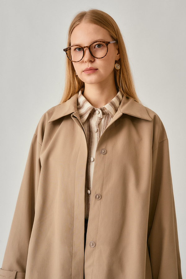Short Trench Coat with Dropped Shoulders Beige - 6