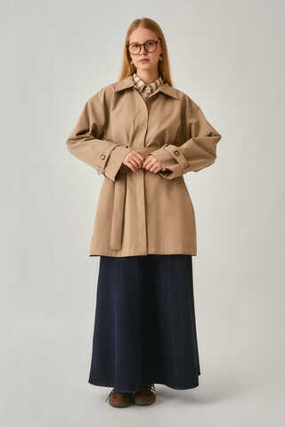 Short Trench Coat with Dropped Shoulders Beige - 7