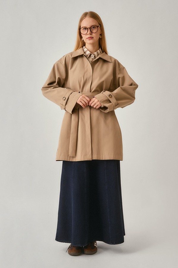 Short Trench Coat with Dropped Shoulders Beige - 7