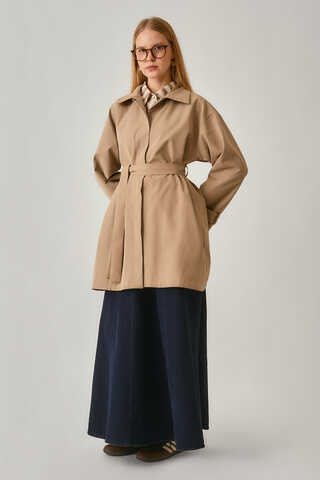 Short Trench Coat with Dropped Shoulders Beige - 8