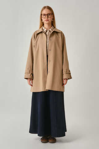 Short Trench Coat with Dropped Shoulders Beige - 11