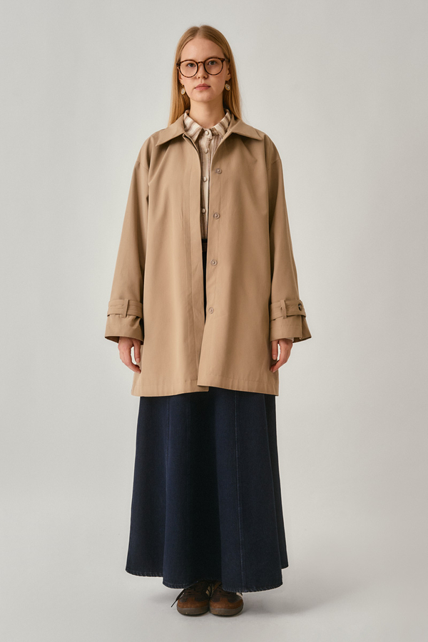 Short Trench Coat with Dropped Shoulders Beige - 11