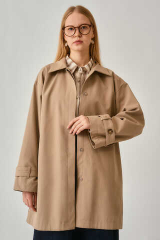 Short Trench Coat with Dropped Shoulders Beige - 12