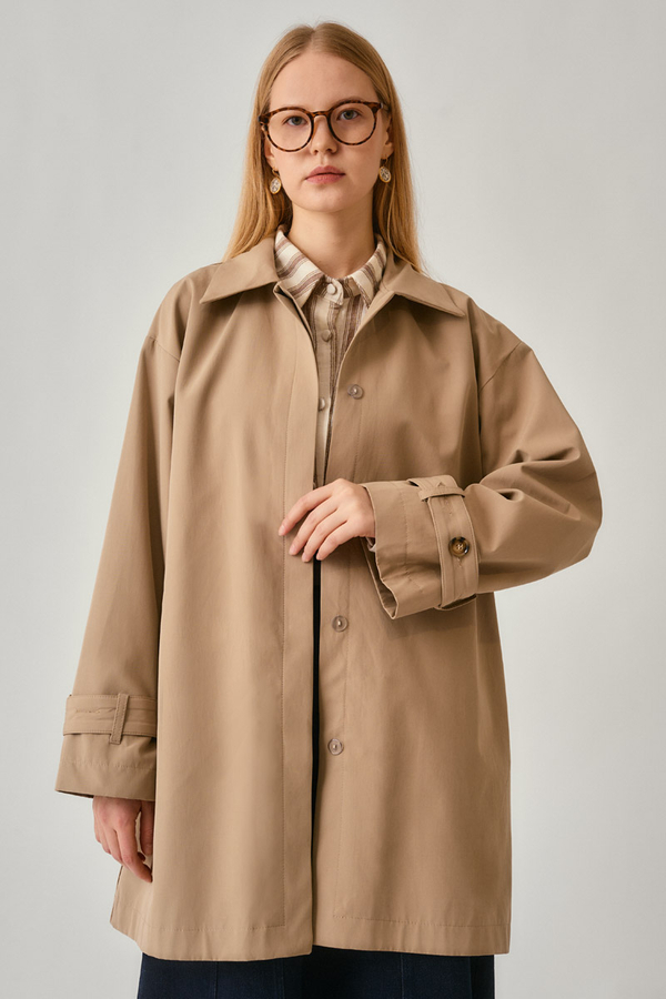 Short Trench Coat with Dropped Shoulders Beige - 12