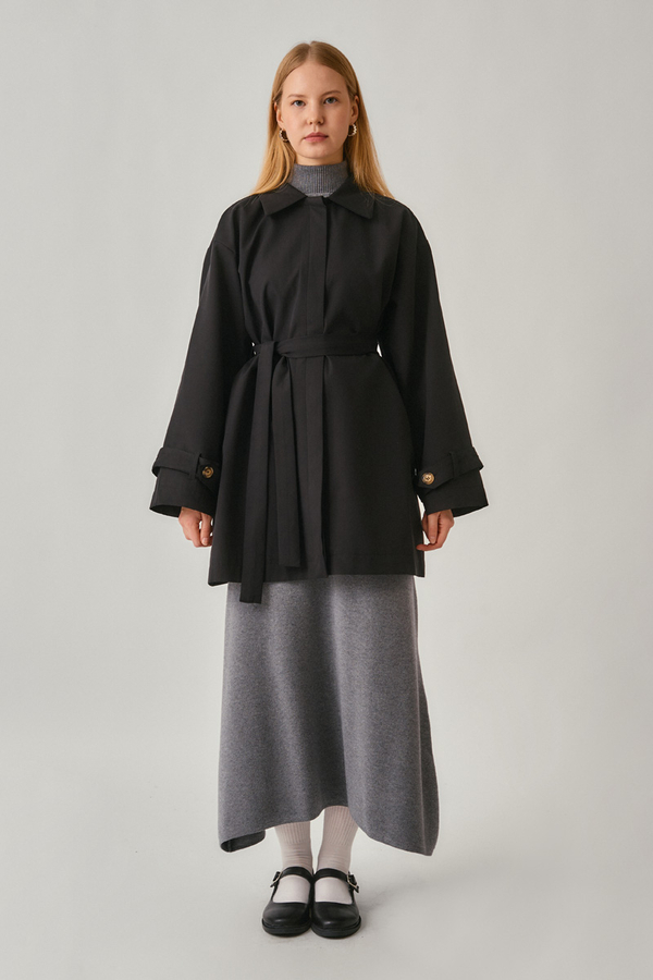 Short Trench Coat with Dropped Shoulders Black