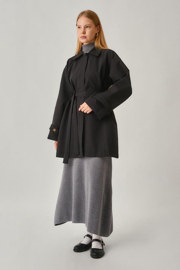 Short Trench Coat with Dropped Shoulders Black - 2