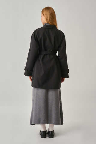 Short Trench Coat with Dropped Shoulders Black - 12