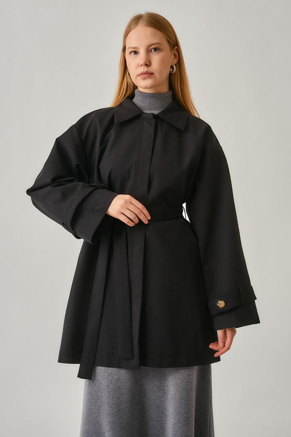 Short Trench Coat with Dropped Shoulders Black - 3