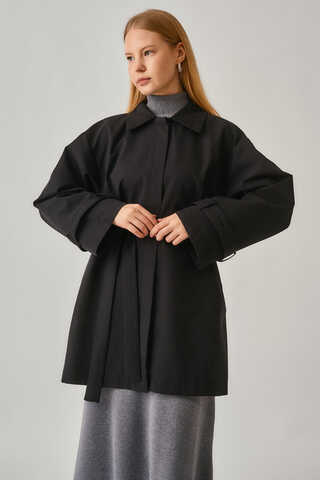 Short Trench Coat with Dropped Shoulders Black - 9