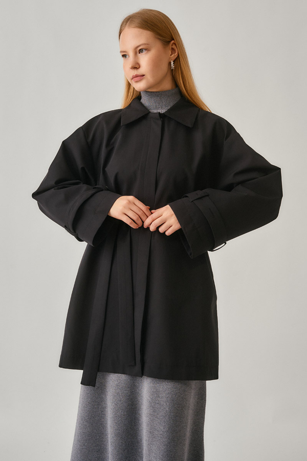 Short Trench Coat with Dropped Shoulders Black - 9