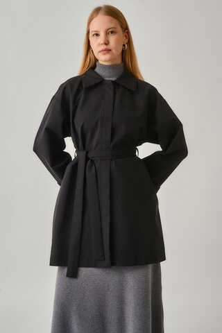 Short Trench Coat with Dropped Shoulders Black - 10