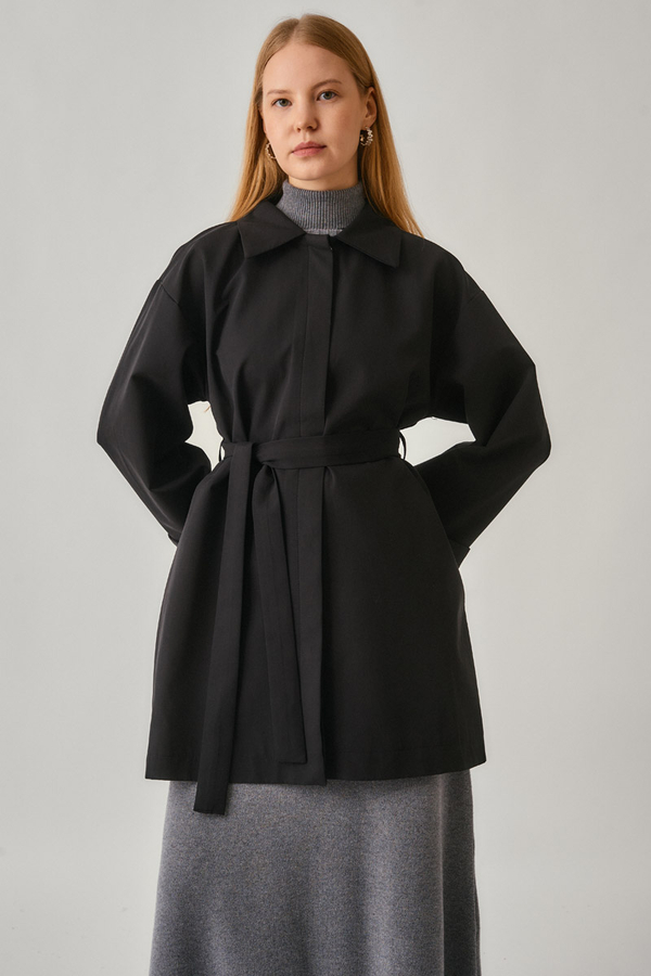 Short Trench Coat with Dropped Shoulders Black - 10