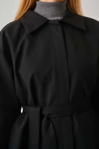 Short Trench Coat with Dropped Shoulders Black - 11