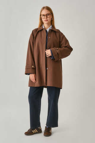 Short Trench Coat with Dropped Shoulders Brown - 1