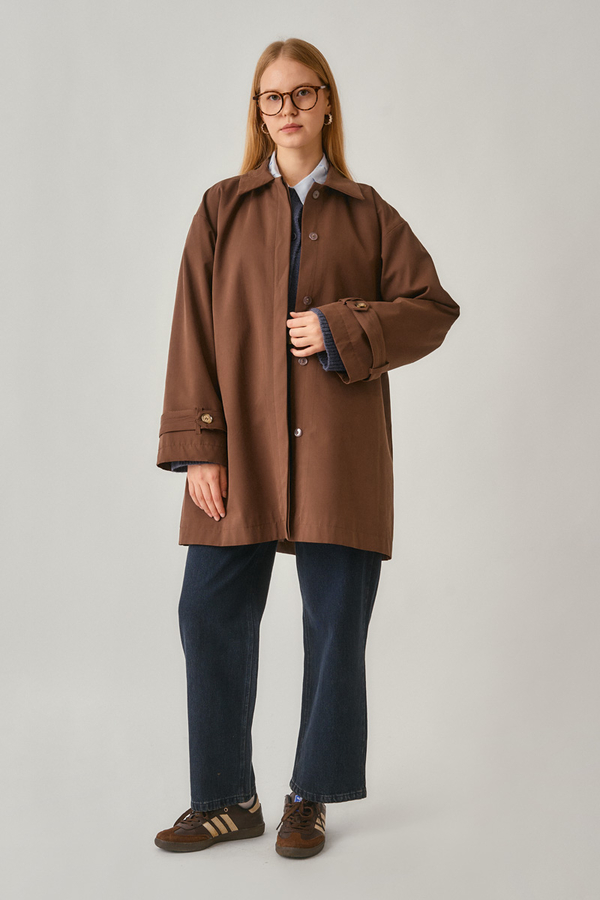 Short Trench Coat with Dropped Shoulders Brown