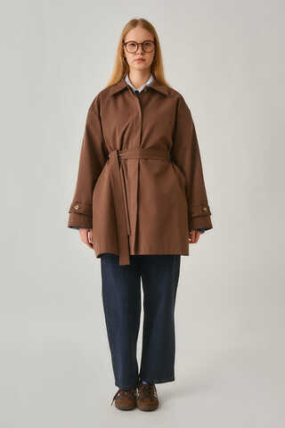 Short Trench Coat with Dropped Shoulders Brown - 3
