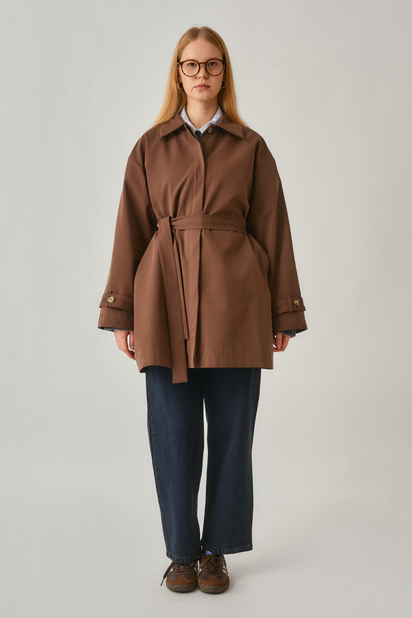 Short Trench Coat with Dropped Shoulders Brown - 3