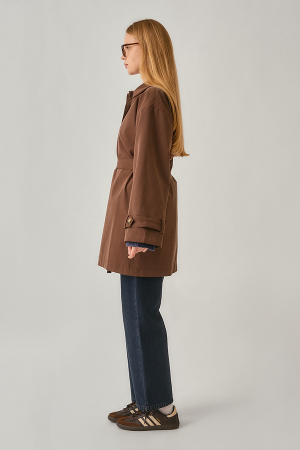 Short Trench Coat with Dropped Shoulders Brown - 4