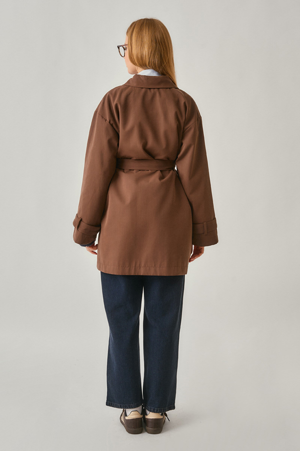 Short Trench Coat with Dropped Shoulders Brown - 11