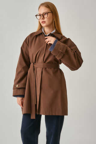 Short Trench Coat with Dropped Shoulders Brown - 2