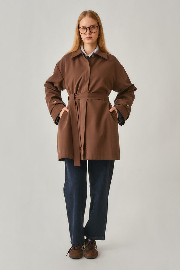 Short Trench Coat with Dropped Shoulders Brown - 7