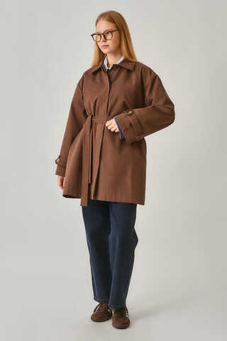 Short Trench Coat with Dropped Shoulders Brown - 8