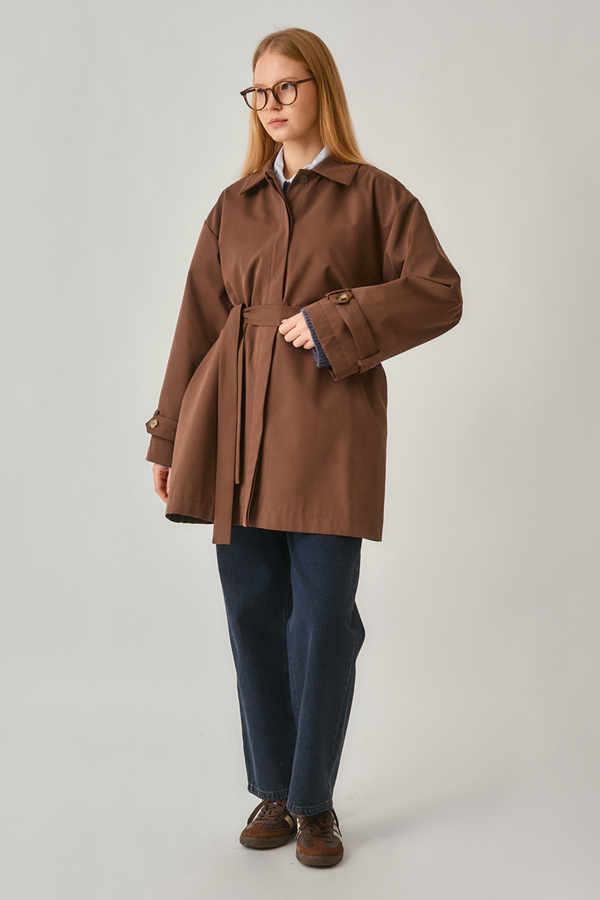 Short Trench Coat with Dropped Shoulders Brown - 8