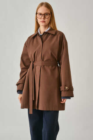 Short Trench Coat with Dropped Shoulders Brown - 9