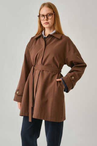 Short Trench Coat with Dropped Shoulders Brown - 10