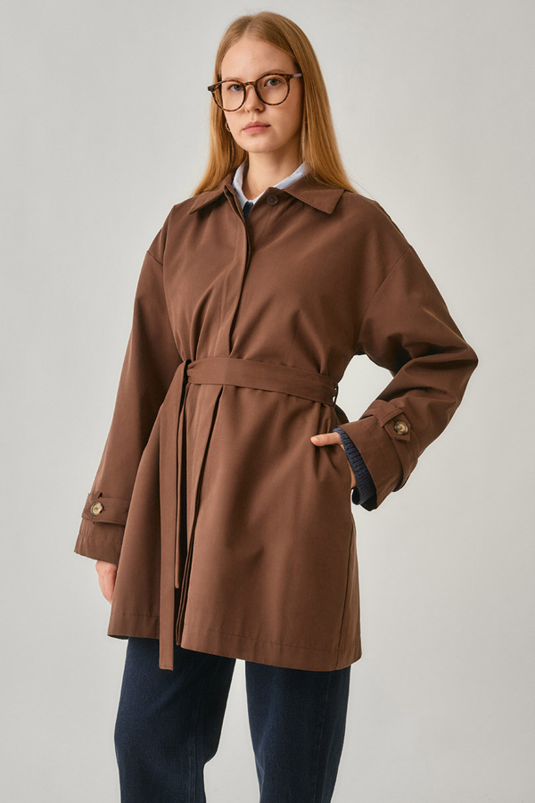 Short Trench Coat with Dropped Shoulders Brown - 10