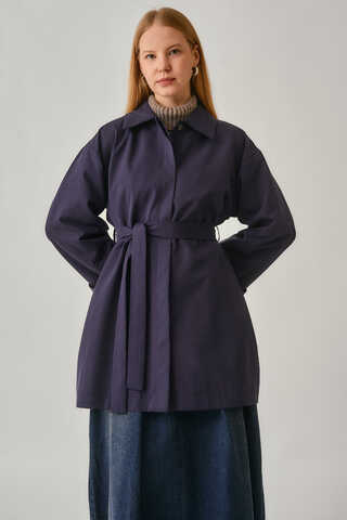 Short Trench Coat with Dropped Shoulders Navy - 4
