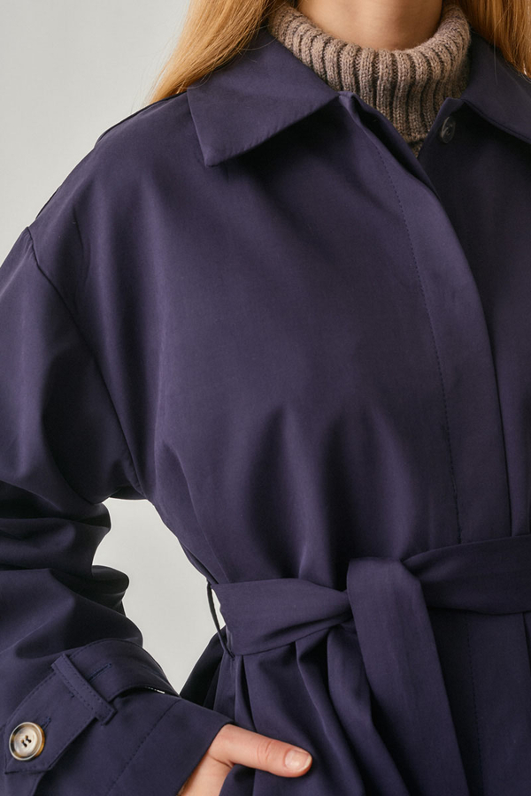 Short Trench Coat with Dropped Shoulders Navy - 3