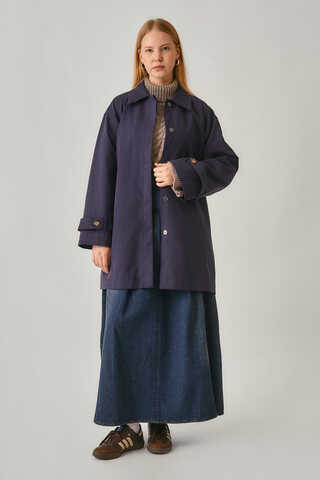 Short Trench Coat with Dropped Shoulders Navy - 1