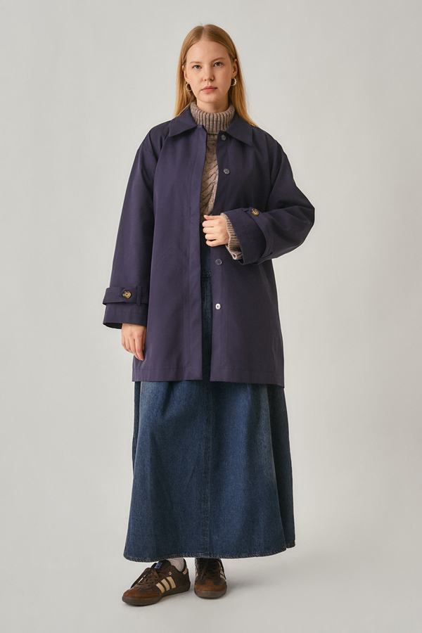 Short Trench Coat with Dropped Shoulders Navy