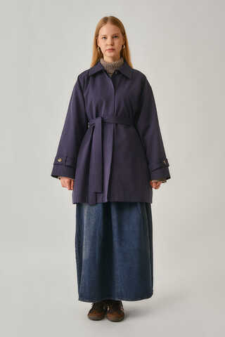 Short Trench Coat with Dropped Shoulders Navy - 2