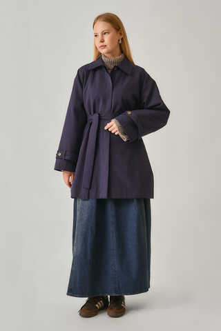 Short Trench Coat with Dropped Shoulders Navy - 5