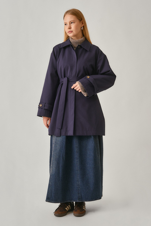 Short Trench Coat with Dropped Shoulders Navy - 5