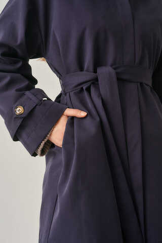 Short Trench Coat with Dropped Shoulders Navy - 6