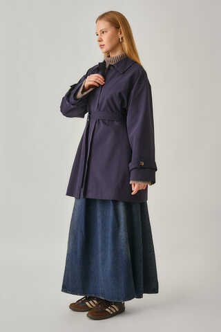 Short Trench Coat with Dropped Shoulders Navy - 7
