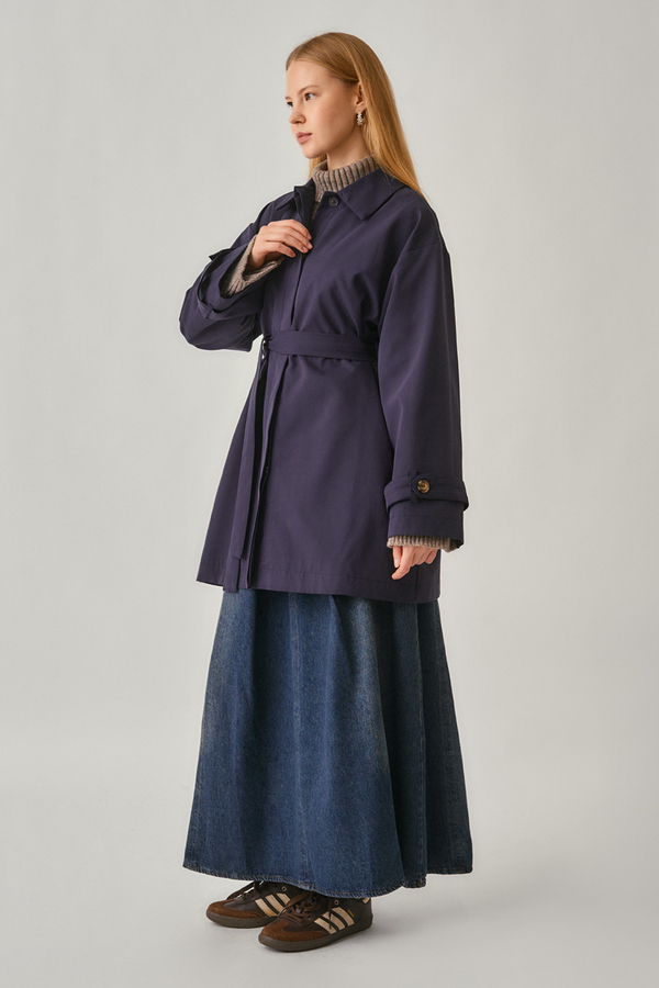 Short Trench Coat with Dropped Shoulders Navy - 7