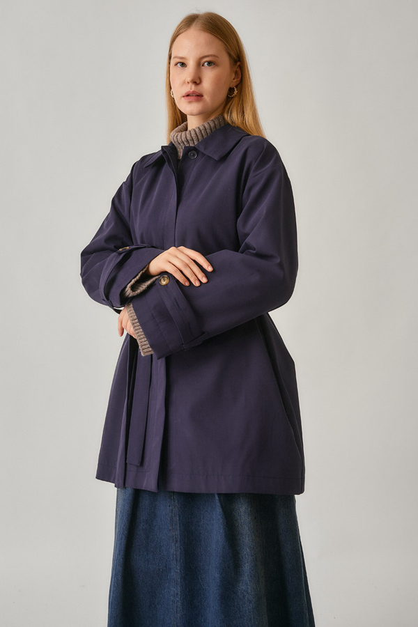 Short Trench Coat with Dropped Shoulders Navy - 8
