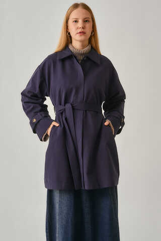 Short Trench Coat with Dropped Shoulders Navy - 9