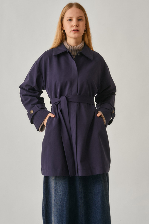 Short Trench Coat with Dropped Shoulders Navy - 9