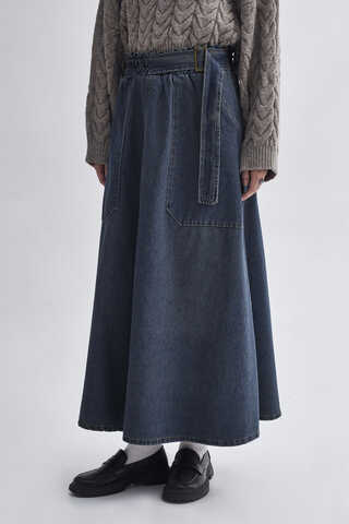 Side-Buckled Denim Skirt – Dark Blue (1)
