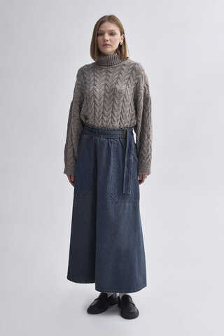 Side-Buckled Denim Skirt – Dark Blue - 6