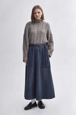 Side-Buckled Denim Skirt – Dark Blue