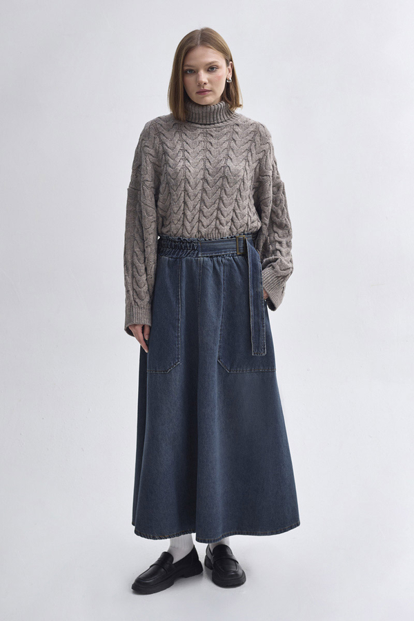 Side-Buckled Denim Skirt – Dark Blue