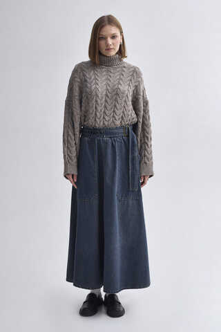 Side-Buckled Denim Skirt – Dark Blue - 3