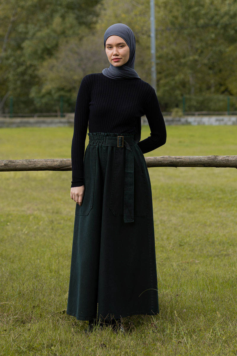 Side-Buckled Denim Skirt Dark Tint Green